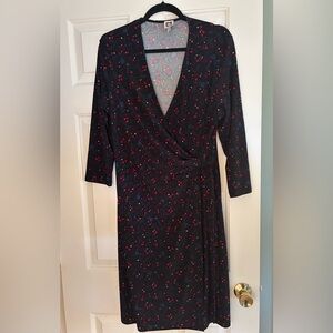 Anne Klein Faux Wrap Geometric Black and Red Long Sleeve Dress Sz. 16